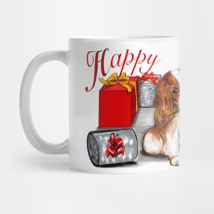 Happy birthday Cavoodle puppy dog with rose in its mouth surrounded by gifts. Cavapoo birthday Mug